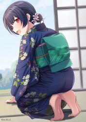 Rule 34 | 1girl, artist request, ass, barefoot, blue hair, blue kimono, day, eyelashes, feet, female focus, floral print, flower, flower on head, from behind, full body, green obi, hair bun, hands on floor, happy, highres, idolmaster, idolmaster shiny colors, japanese clothes, kimono, kneeling, light blush, long sleeves, looking at viewer, looking back, medium hair, morino rinze, namco, neck, obi, open mouth, parted bangs, print kimono, red eyes, sash, sidelocks, signature, sky, sliding doors, smile, soles, tiptoes, toenails, toes, traditional clothes, turning head, wide sleeves