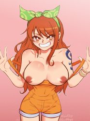 Rule 34 | absurdres, breasts, breasts out, bright pupils, flashing, hair ribbon, highres, large breasts, long hair, looking at viewer, lord guyis, nami (one piece), one piece, one piece: stampede, orange eyes, orange hair, overall shorts, overalls, pink background, ribbon, simple background, smile, tattoo