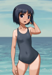 Rule 34 | 1girl, :o, bad id, bad pixiv id, black eyes, black hair, black one-piece swimsuit, black school swimsuit, blue sky, blurry, blurry background, breasts, collarbone, contrapposto, covered navel, cowboy shot, looking at viewer, matching hair/eyes, one-piece swimsuit, open mouth, original, outdoors, rohitsuka, school swimsuit, short hair, sky, small breasts, solo, standing, swimsuit, tan, tanline, water
