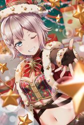 Rule 34 | 1girl, alternate hairstyle, aoba moca, aqua eyes, bang dream!, black gloves, blurry, blush, braid, breasts, bubble, chain, choker, christmas, christmas ornaments, cleavage, commentary request, crop top, detached sleeves, earrings, fingerless gloves, fur-trimmed headwear, fur-trimmed sleeves, fur-trimmed vest, fur trim, glint, gloves, grey hair, grin, hat, hat ribbon, highres, jewelry, looking at viewer, mia (fai1510), midriff, navel, one eye closed, outstretched hand, red neckwear, red vest, ribbon, ribbon choker, short hair, side braid, small breasts, smile, solo, star (symbol), star earrings, streamers, striped ribbon, top hat, upper body, v-shaped eyebrows, vest