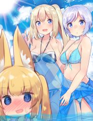 Rule 34 | .live, 3girls, :o, @ @, ahoge, animal ear fluff, animal ears, bikini, blonde hair, blue eyes, blue sky, blush, breasts, cleavage, cloud, collarbone, commentary request, day, doorknoble, drooling, fox ears, front-tie bikini top, front-tie top, hair ribbon, halterneck, highres, holding, inflatable shark, inflatable toy, kemomimi oukoku kokuei housou, lens flare, long hair, looking at viewer, medium breasts, mikoko (kemomimi oukoku kokuei housou), mirai akari, mirai akari project, multiple girls, navel, nose blush, o-ring, o-ring bikini, ocean, open mouth, outdoors, partially submerged, ribbon, sarong, short hair, side ponytail, silver hair, dennou shoujo siro, sky, standing, sun, sunlight, sweat, swimsuit, twintails, virtual youtuber, wading, water