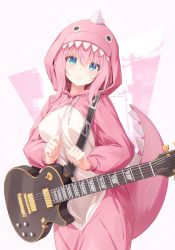 Rule 34 | 1girl, absurdres, blush, bocchi the rock!, breasts, commentary, cowboy shot, daidai (daidai826), dinosaur costume, dinosaur tail, english commentary, expressionless, fake tail, gotoh hitori, green eyes, guitar, hair between eyes, head tilt, highres, instrument, long hair, long sleeves, looking at viewer, medium breasts, pink hair, solo, standing, tail