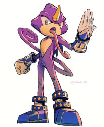 Rule 34 | 1boy, clenched hand, espio the chameleon, furry, furry male, gloves, hashi84e, horns, looking at viewer, open mouth, shoes, simple background, single horn, solo, sonic (series), tongue, tongue out, white background, white gloves