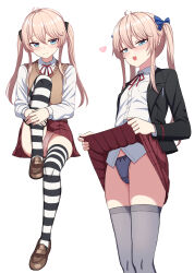 Rule 34 | 1girl, black jacket, black thighhighs, blazer, blonde hair, blue eyes, blue panties, blush, brown footwear, brown vest, closed mouth, clothes lift, collared shirt, hair between eyes, heart, highres, jacket, knee up, lifted by self, loafers, long hair, long sleeves, looking at viewer, multiple views, neck ribbon, open mouth, original, panties, pink panties, pleated skirt, red ribbon, red skirt, ribbon, shirt, shoes, sitting, skirt, skirt lift, smile, striped clothes, striped thighhighs, thighhighs, twintails, underwear, vest, white shirt, white thighhighs, yakob labo