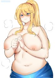 Rule 34 | 1girl, absurdres, artist name, blonde hair, blue eyes, blush, breasts, clenched hands, closed mouth, collarbone, cowboy shot, hair between eyes, hair over shoulder, highres, large breasts, long hair, metroid, navel, nintendo, nipples, noiretox, ponytail, puff of air, samus aran, sidelocks, simple background, solo, topless, white background
