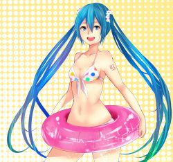 Rule 34 | 1girl, :d, asanome, bikini, blue eyes, blue hair, breasts, hatsune miku, highres, innertube, long hair, matching hair/eyes, navel, open mouth, polka dot, polka dot background, small breasts, smile, solo, swim ring, swimsuit, twintails, vocaloid