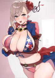 Rule 34 | 1girl, american flag, american flag bikini, american flag print, arm under breasts, asymmetrical hair, belt, bikini, blonde hair, blue eyes, blush, breasts, brown belt, brown gloves, bun cover, fate/grand order, fate (series), fingerless gloves, flag print, gloves, hareno chiame, highres, large breasts, looking at viewer, miyamoto musashi (fate), miyamoto musashi (fate/grand order), miyamoto musashi (swimsuit berserker) (fate), miyamoto musashi (swimsuit berserker) (second ascension) (fate), navel, open mouth, raised eyebrows, solo, stomach, sweatdrop, swimsuit