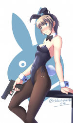 Rule 34 | 1girl, animal ears, bad id, bad pixiv id, black bow, black bowtie, black leotard, black pantyhose, blonde hair, blue eyes, bow, bowtie, breasts, cleavage, covered navel, cowboy shot, detached collar, fake animal ears, glock, gun, handgun, highres, leotard, looking at viewer, oda masaki (b-minor), original, pantyhose, pistol, playboy bunny, rabbit ears, rabbit girl, short hair, small breasts, solo, standing, strapless, strapless leotard, table, twitter username, two-tone background, weapon, weapon request, white background, wrist cuffs