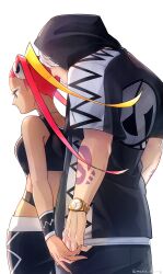 Rule 34 | 1boy, 1girl, absurdres, arm tattoo, backlighting, creatures (company), crop top, dark skin, eyelashes, eyeshadow, game freak, guzma (pokemon), hair ornament, highres, holding hands, hood, hoodie, jewelry, long hair, makeup, mario (2669431), multicolored hair, necklace, nintendo, pink hair, plumeria (pokemon), pokemon, pokemon sm, quad tails, simple background, skull hair ornament, smile, tattoo, team skull, twitter username, two-tone hair, watch, white background, wristwatch, yellow eyes