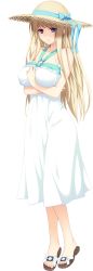 Rule 34 | 1girl, blonde hair, blue eyes, breasts, crossed arms, dress, feet, full body, hat, highres, iizuki tasuku, large breasts, long hair, lovely x cation 2, official art, sandals, solo, sun hat, sundress, toes, transparent background, white dress, yoshinoya seine