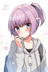 Rule 34 | 1girl, alternate costume, backpack, bag, batsubyou, black shirt, blue eyes, blush, cat zipper, collarbone, commentary request, dated, grey jacket, hair intakes, hood, hood down, hooded jacket, jacket, kantai collection, koruri, long sleeves, looking at viewer, pink hair, ponytail, remodel (kantai collection), shiranui (kancolle), shirt, short hair, simple background, solo, twitter username, upper body, white background, zipper