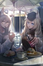 Rule 34 | 2girls, absurdres, animal ears, arknights, blemishine (arknights), blue eyes, cafe, coffee, coffee cup, cup, disposable cup, drinking straw, eating, food, fork, glasses, grey nails, hat, highres, jacket, looking at viewer, miyabino (miyabi1616), multiple girls, nail polish, outdoors, pancake, patio umbrella, restaurant, sitting, smile, smoothie, sweater, table, teacup, umbrella, utensil in mouth, whipped cream, whislash (arknights), yellow eyes