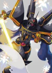 Rule 34 | 1other, alphamon, armor, cape, digimon, digimon (creature), energy sword, holding, holding sword, holding weapon, kira (kira dra), no humans, open mouth, simple background, solo, sword, weapon