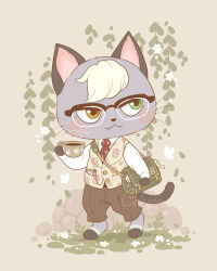 Rule 34 | 1boy, :3, animal crossing, artist name, bag, blush, brown eyes, brown pants, buttons, cat boy, closed mouth, coffee, collared shirt, commentary, cup, dress shirt, english commentary, fangs, fangs out, floral print, flower, furry, furry male, glasses, grass, green bag, green eyes, grey background, hand up, heterochromia, holding, holding cup, long sleeves, male focus, mug, necktie, nintendo, over-rim eyewear, pants, pocket, pocket watch, print necktie, print vest, raymond (animal crossing), red necktie, rock, samantha whitten, semi-rimless eyewear, shirt, shoulder bag, signature, simple background, smile, solo, standing, steam, striped clothes, striped pants, vertical-striped clothes, vertical-striped pants, vest, watch, white flower, white hair, white shirt, yellow vest