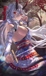 Rule 34 | 1girl, bad id, bad pixiv id, bare shoulders, breasts, dated, detached sleeves, fate/grand order, fate (series), from side, grey hair, highres, holding, holding sword, holding weapon, horns, katana, large breasts, long hair, looking at viewer, qtian, red eyes, sideboob, signature, skirt, solo, sword, tomoe gozen (fate), weapon