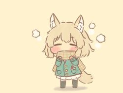 Rule 34 | 1girl, animal ear fluff, animal ears, black thighhighs, blue jacket, blush, brown background, brown hair, brown scarf, chibi, closed eyes, commentary request, covered mouth, facing viewer, full body, hosshii (comet mura), jacket, mittens, original, pleated skirt, red mittens, scarf, shadow, skirt, solo, standing, tail, thighhighs, white skirt