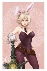 Rule 34 | 1girl, aa2233a, animal ears, battle bunny riven, fake animal ears, highres, league of legends, pantyhose, playboy bunny, rabbit ears, riven (league of legends), solo, sword, tail, weapon, white hair