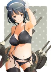 Rule 34 | 10s, 1girl, beret, black bra, black hair, black panties, black thighhighs, bra, breasts, garter belt, gloves, hat, kantai collection, lace, lace-trimmed bra, lace trim, large breasts, navel, panties, personification, red eyes, short hair, side-tie panties, smile, solo, takao (kancolle), thighhighs, underwear, underwear only, white gloves, yunsuku