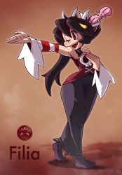 Rule 34 | 1girl, character name, cosplay, detached collar, detached sleeves, dress, highres, neko mata g, one eye closed, open mouth, red background, red eyes, samson (skullgirls), skullgirls, smile, solo, squigly (skullgirls), squigly (skullgirls) (cosplay), striped