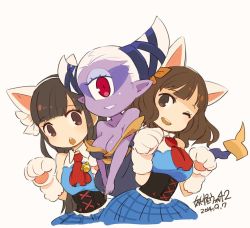 Rule 34 | 10s, 2014, 3girls, animal ears, animal hands, bare shoulders, breasts, brown hair, cat ears, cat paws, cleavage, colored skin, copyright name, corset, cyclops, dated, fake animal ears, fuumin (youkai watch), gloves, hairband, large breasts, long hair, looking at viewer, monster girl, mota, multiple girls, no bra, nyakb, one-eyed, one eye closed, parted lips, paw gloves, pointy ears, purple skin, simple background, skirt, solana, topatopa, traditional youkai, white background, white hair, wink, youkai watch