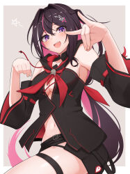 Rule 34 | 1girl, absurdres, azki (hololive), black hair, black hoodie, black shorts, blush, bow, breasts, cleavage, colored inner hair, commentary request, cosplay, detached sleeves, fox shadow puppet, hair between eyes, hair bow, hair ornament, hairclip, highres, hololive, hood, hoodie, kurokami fubuki, kurokami fubuki (cosplay), leg up, long hair, looking at viewer, micon, midriff, multicolored hair, navel, neckerchief, open mouth, pentagram, pink hair, purple eyes, red bow, red neckerchief, shirakami fubuki, shirakami fubuki (1st costume), short shorts, shorts, sidelocks, simple background, small breasts, solo, thigh strap, virtual youtuber, white background