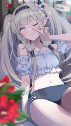 Rule 34 | 1girl, absurdres, alternate hairstyle, black hairband, blue archive, blurry, blurry foreground, blush, closed mouth, cowboy shot, detached sleeves, flower, grey hair, hair tubes, hairband, halo, highres, himari (blue archive), long hair, looking at viewer, mole, mole under eye, momomoi momoi, navel, one eye closed, pointy ears, purple eyes, purple halo, red flower, solo, striped clothes, striped hairband, two side up, v