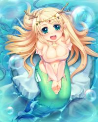 Rule 34 | 1girl, :d, blonde hair, breasts, bubble, cleavage, green eyes, harlem heart, highres, large breasts, long hair, looking up, mermaid, monster girl, navel, open mouth, original, pointy ears, rock, sitting, sitting on rock, smile, solo, sorano (12gou), v arms, very long hair, water, wet