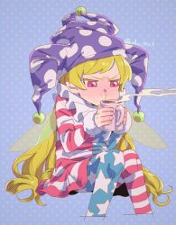 Rule 34 | 1girl, american flag dress, american flag pants, blonde hair, blue background, blush, closed mouth, clownpiece, commentary request, cup, dress, fingernails, fur-trimmed sleeves, fur trim, hair between eyes, hands up, hat, holding, holding cup, hot chocolate, jester cap, long hair, long sleeves, looking down, neck ruff, pants, pink eyes, pointy ears, polka dot, polka dot background, purple hat, raya (uk 0128), sitting, solo, star (symbol), star print, steam, striped clothes, striped dress, striped pants, touhou, twitter username, v-shaped eyebrows