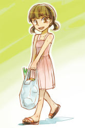 Rule 34 | atlus, bag, bare shoulders, brown hair, doujima nanako, dress, groceries, persona, persona 4, sandals, short twintails, smile, solo, spring onion, twintails, yellow eyes