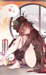 Rule 34 | 1girl, absurdres, black nails, black shorts, blush, boo tao (genshin impact), brown hair, chinese clothes, cocoballking, feet, flower, flower-shaped pupils, genshin impact, grin, hat, hat ornament, highres, hu tao (genshin impact), long hair, long sleeves, looking at viewer, plum blossoms, porkpie hat, red eyes, red shirt, shirt, shorts, sidelocks, smile, symbol-shaped pupils, thighs, twintails