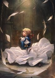 Rule 34 | 10s, 1girl, blonde hair, blue jacket, braid, brooch, brown footwear, flying paper, from side, hair between eyes, hair ribbon, hand on own chest, highres, indoors, jacket, jewelry, letter, looking up, mechanical hands, own hands clasped, own hands together, paper, prosthesis, prosthetic arm, prosthetic hand, red ribbon, ribbon, sariya asavametha, signature, single mechanical hand, sitting, skirt, solo, sunlight, violet evergarden, violet evergarden (series), wariza, white neckwear, white skirt