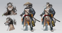 Rule 34 | 1boy, abs, animal ears, bandaged leg, bandages, bara, beard, blue kimono, brown hair, bulge, character sheet, covered eyes, cropped torso, dragon print, expressions, eyebrow cut, facial hair, from side, full body, fundoshi, furry, furry male, grin, hand on own chin, hat, highres, holding, holding sword, holding weapon, japanese clothes, kimono, large pectorals, male focus, mature male, medium hair, mouth hold, multicolored hair, muscular, muscular male, navel, neumo, nipples, open clothes, open kimono, original, pectorals, ponytail, print kimono, ronin, samurai, sheath, smile, standing, stomach, straw hat, stroking own chin, sword, tail, thick thighs, thighs, two-tone hair, underpec, unsheathing, weapon, white hair, wolf boy, wolf ears, wolf tail