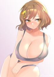 Rule 34 | 1girl, anis (nikke), areola slip, blush, breasts, brown eyes, brown hair, cleavage, closed mouth, cropped shirt, goddess of victory: nikke, grey panties, grey shirt, hair ornament, highres, ikutomipizza, large breasts, looking to the side, panties, shirt, short hair, solo, underwear