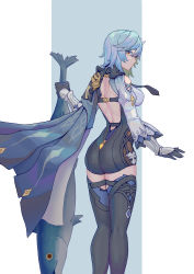 Rule 34 | 1girl, absurdres, ass, backless leotard, blue hair, breasts, cape, eula (genshin impact), fish, from behind, genshin impact, gloves, hairband, highres, holding, holding weapon, large breasts, leotard, long sleeves, looking at viewer, looking back, necktie, short hair, solo, standing, thigh strap, thighhighs, vambraces, weapon, yellow eyes, youpofen