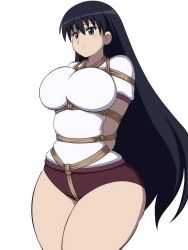Rule 34 | 1girl, arms behind back, azumanga daiou, bdsm, black eyes, black hair, bound, bound arms, breasts, closed mouth, gym shirt, gym shorts, gym uniform, highres, large breasts, legs together, long hair, looking at viewer, okura (okra sticky), red legwear, rope, sakaki (azumanga daioh), shibari, shibari over clothes, shirt, short sleeves, shorts, simple background, solo, standing, thighs, tied up, white background, white shirt