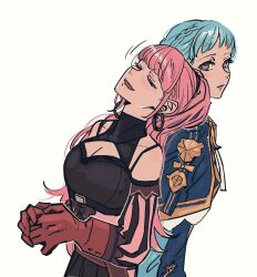 Rule 34 | 2girls, black shirt, blue capelet, blue dress, blue hair, blush, braid, breasts, brown eyes, capelet, cleavage, cleavage cutout, closed eyes, clothing cutout, commentary, corset, crown braid, detached sleeves, dress, earrings, eyelashes, fire emblem, fire emblem: three houses, gloves, highres, hilda valentine goneril, hoop earrings, jewelry, kani (kaniya), leaning on person, light blue hair, long hair, looking at viewer, looking back, marianne von edmund, medium breasts, motion lines, multiple girls, nintendo, open mouth, parted lips, pink hair, red gloves, shirt, short hair, simple background, smile, turtleneck, underbust, upper body, white background