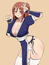Rule 34 | 1girl, breasts, brown background, cleavage, cosplay, dead or alive, dead or alive 5, hair ornament, highleg, highleg panties, highres, honoka (doa), kagemusha, kasumi (doa), kasumi (doa) (cosplay), large breasts, no bra, one side up, panties, parted lips, pelvic curtain, red eyes, simple background, smile, solo, thighhighs, underwear, v, white panties, white thighhighs