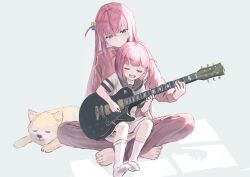 Rule 34 | 2girls, blue eyes, bocchi the rock!, commentary request, cube hair ornament, dog, esubui, gotoh futari, gotoh hitori, guitar, hair between eyes, hair ornament, highres, holding, holding instrument, instrument, long hair, multiple girls, pink hair, siblings, sisters, sitting, sitting on lap, sitting on person, tagme, track suit