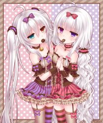 Rule 34 | 2girls, ahoge, artist name, asymmetrical legwear, bare shoulders, bell, bow, breasts, candy, chocolate, chocolate heart, cleavage, collar, dress, food, food in mouth, frilled collar, frills, garter straps, hair bow, hair ornament, hair ribbon, heart, heterochromia, holding hands, long hair, looking at viewer, low twintails, mismatched legwear, mole, mole under eye, mouth hold, multiple girls, neck bell, original, polka dot, polka dot background, purple eyes, ribbon, rolo noir, silver hair, small breasts, striped clothes, striped dress, striped legwear, striped thighhighs, thighhighs, tsukikage nemu, twintails, uneven legwear, valentine, vertical-striped clothes, vertical-striped dress, very long hair