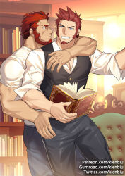 Rule 34 | 2boys, alternate costume, arm around shoulder, bara, beard, black vest, book, bookshelf, brown hair, collarbone, collared shirt, couch, couple, face-to-face, facial hair, fate/grand order, fate/zero, fate (series), feet out of frame, formal, goatee, grin, holding, holding book, hug, hug from behind, iskandar (fate), kienbiu, large pectorals, leg up, library, long sideburns, looking at another, male focus, multiple boys, muscular, napoleon bonaparte (fate), official alternate costume, open clothes, open shirt, paid reward available, pants, pectoral cleavage, pectorals, raised eyebrow, red eyes, red hair, shirt, short hair, sideburns, sleeves rolled up, smile, t-shirt, thick thighs, thighs, tight clothes, tight pants, vest, white shirt