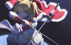 Rule 34 | 1girl, blonde hair, crossed swords, daiba nana, dark background, dual wielding, green eyes, grin, hair ribbon, holding, jacket, jacket on shoulders, katana, light particles, pleated skirt, ribbon, short twintails, shoujo kageki revue starlight, simple background, skirt, smile, solo, spot color, sword, twintails, weapon, yunyunzhi
