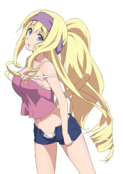 Rule 34 | 1girl, alternate hairstyle, blonde hair, blue eyes, breasts, camisole, casual, cecilia alcott, cleavage, cosplay, drill hair, errant, gotanda ran, gotanda ran (cosplay), headband, infinite stratos, large breasts, long hair, midriff, open fly, panties, ponytail, short shorts, shorts, simple background, solo, strap slip, unbuttoned, underwear, unzipped, very long hair, white panties