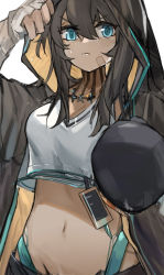 Rule 34 | 1girl, absurdres, arknights, bandaid, bandaid on cheek, bandaid on face, black hair, black jacket, blue eyes, boxing gloves, breasts, chinese commentary, closed mouth, commentary, cowboy shot, crop top, cropped shirt, dark-skinned female, dark skin, fingerless gloves, flint (arknights), gloves, hair between eyes, hand wraps, highres, hood, hood up, hooded jacket, jacket, looking at viewer, material growth, medium breasts, medium hair, midriff, navel, open clothes, open jacket, oripathy lesion (arknights), shirt, simple background, single glove, solo, tank top, white background, white shirt, white tank top, yurooe