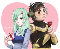 Rule 34 | 1boy, 1girl, aqua hair, black eyes, blue eyes, blush, box, breasts, bright pupils, brown hair, candy, chocolate, chocolate heart, elchi cargo, flower, food, hair behind ear, hair ornament, hairclip, happy valentine, heart, highres, holding, holding box, holding flower, jiron amos, nekkikamille, pilot suit, red flower, red rose, rose, sentou mecha xabungle, small breasts, spoilers, valentine, white pupils