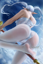 Rule 34 | 1girl, ass, bare shoulders, breasts, dangle earrings, earrings, elf, frieren, from behind, highres, jewelry, leotard, mage staff, medium breasts, pantyhose, pointy ears, signature, solo, sousou no frieren, strapless, strapless leotard, twintails, unravel page, watermark, web address, white leotard, white pantyhose