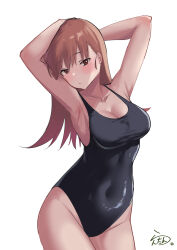 1girl absurdres arms_between_legs black_one-piece_swimsuit breasts brown_eyes brown_hair cowboy_shot dated highres kantai_collection lanthan long_hair one-piece_swimsuit ooi_(kancolle) signature swimsuit