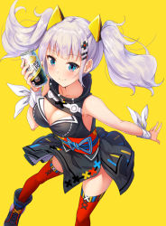 Rule 34 | 1girl, bare shoulders, black dress, blue eyes, blush, boots, breasts, brown footwear, can, cleavage, cleavage cutout, closed mouth, clothing cutout, collarbone, commentary request, dress, hair ornament, hairclip, highres, holding, holding can, kaguya luna, looking at viewer, matokechi, medium breasts, oni, red thighhighs, sidelocks, silver hair, simple background, sleeveless, sleeveless dress, smile, solo, the moon studio, thighhighs, twintails, virtual youtuber, yellow background