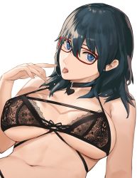 Rule 34 | 1girl, bare shoulders, black bra, blue eyes, blue hair, bra, breasts, byleth (female) (fire emblem), byleth (fire emblem), choker, cleavage, fire emblem, fire emblem: three houses, glasses, highres, j@ck, large breasts, looking at viewer, medium hair, navel, nintendo, open mouth, simple background, tongue, tongue out, underwear, white background