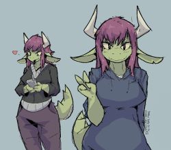 Rule 34 | 1girl, 2016, aliasing, artist name, breasts, cellphone, character name, colored skin, dated, dragon, female focus, furry, furry female, green skin, grey background, heart, horns, lexivine (character), long hair, looking at viewer, medium breasts, mouth hold, multiple views, open mouth, pants, paru (artist), phone, purple hair, simple background, slit pupils, standing, sweater, v