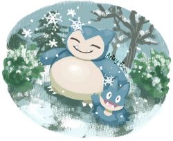 Rule 34 | artsy-theo, bare tree, claws, creatures (company), evolutionary line, facing viewer, fangs, full body, game freak, gen 1 pokemon, gen 4 pokemon, looking at viewer, munchlax, nintendo, no humans, outdoors, pokemon, pokemon (creature), smile, snorlax, snow, snowflakes, snowing, standing, tree